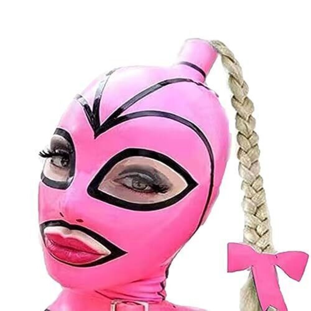 5595 Latex Mask Hood Pink Pigtail Black Yellow Hair braid Rubber Strips